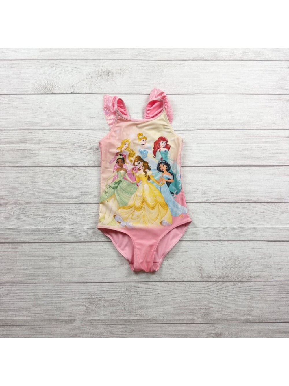 H&M Disney Princess Pink Girls Swimsuit Ruffle Back Glitter Accents 6X-7